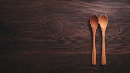 Pair of wooden cooking utensils arranged on a rustic dark brown wood countertop for kitchen tasks