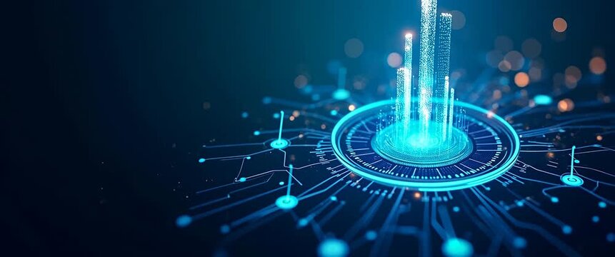 Futuristic digital network visualization with glowing data streams rising in smooth motion, as the camera gently pans over a vibrant, cinematic landscape of interconnected technology.