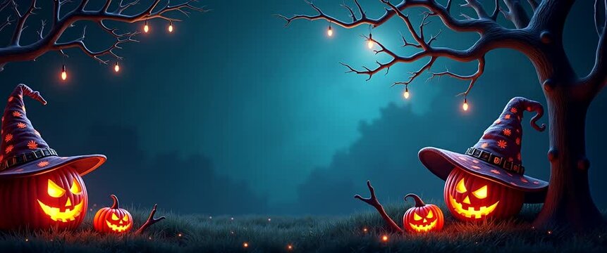 Whimsical Halloween pumpkins with witch hats glow softly under flickering string lights as the camera gently pans across a serene moonlit night, creating a cinematic autumn ambiance.