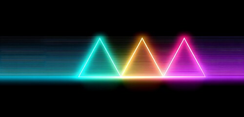 Neon triangles radiating glowing waves across deep black background