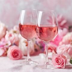 Gentle Rose Drinks Among Rosy Hues: Serene Still Life Featuring Two Glasses Surrounded by Soft-Toned Blooms and Delicate Light in a Dreamy Composition