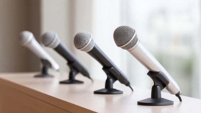 Close-up of silver and black microphones aligned on podium near window. Modern press room setting for interviews, news events, public speaking and media coverage concept