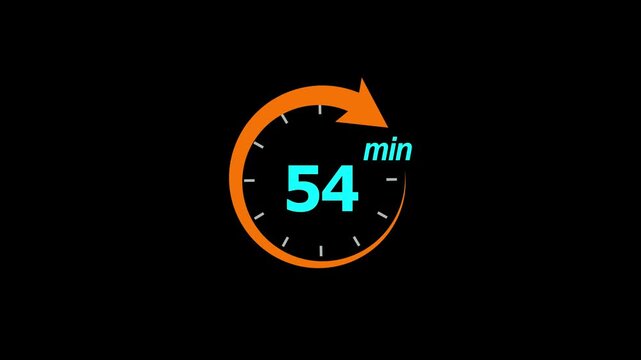 54 Min arrow clock icon animation. 54 minute animation on black background and creating a stunning 4k video.