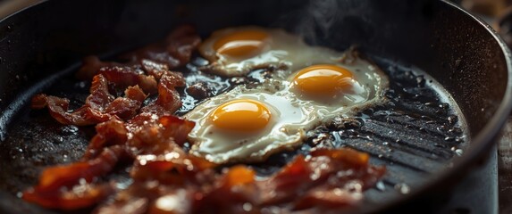 Detailed view of frying bacon and eggs on a cast iron griddle pan