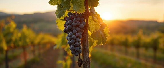 Obraz premium Grapes Hanging From Vine Plant With Blurred Vineyard At Sunset