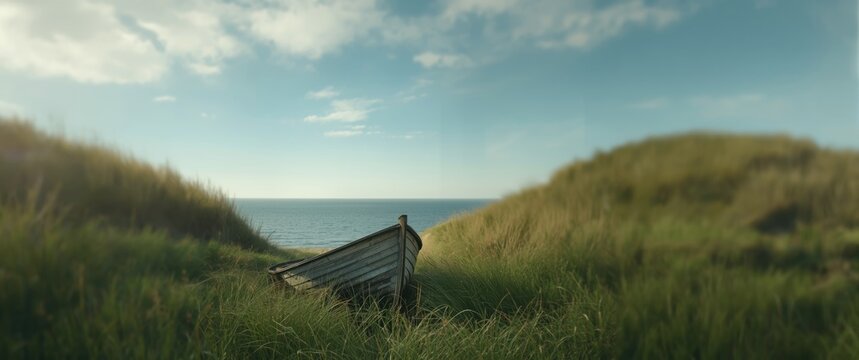 Seashore scene with boats amidst the grass