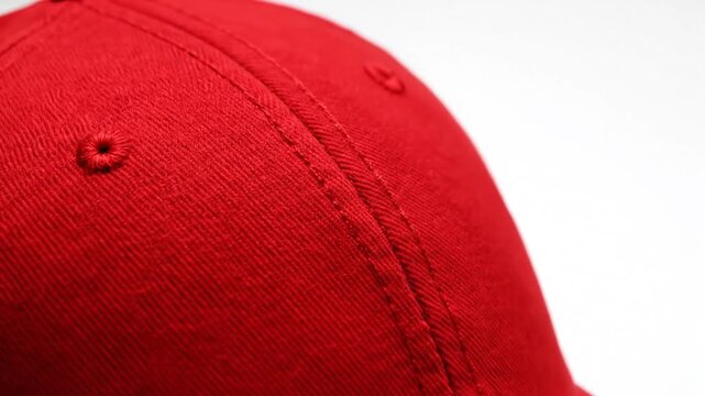 Macro view of a vibrant crimson baseball cap featuring intricate embroidery stitching and durable textile fabric weave isolated on a minimalist clean white studio background