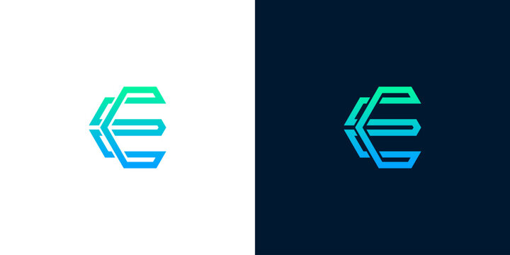 Abstract geometric letter E logo design with blue and green gradient on white and dark backgrounds