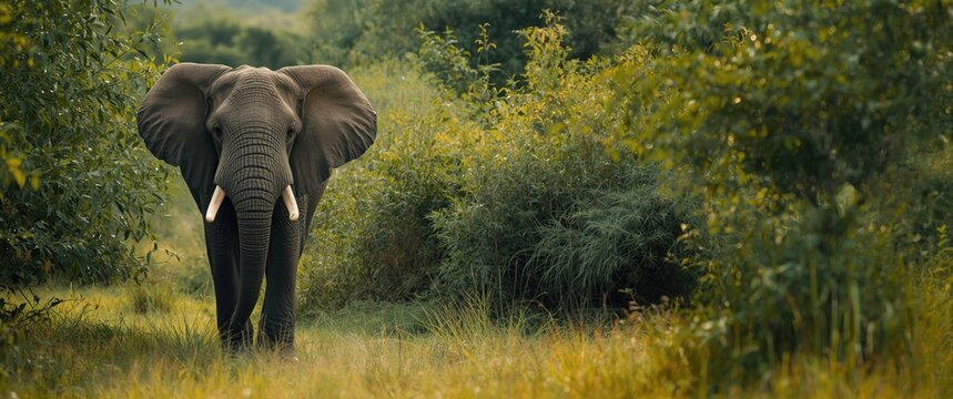 Elegant elephant featuring tusks amidst foliage