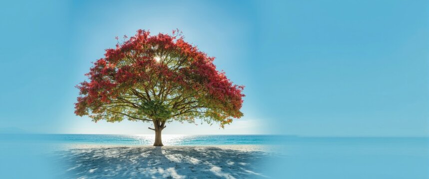Tree with red and green leaves over sea during summer