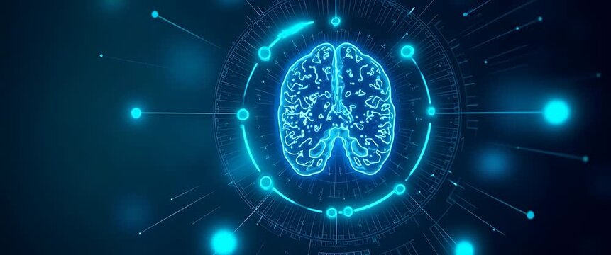 Futuristic digital brain hologram gently rotates as the camera slowly pans, surrounded by dynamic glowing data rings; a cinematic exploration of AI technology and innovation.