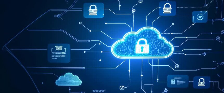Glowing digital cloud with secure lock icon pulsates gently as camera pans slowly, showcasing a futuristic network interface; cinematic and tech-focused with ambient data flow motion.