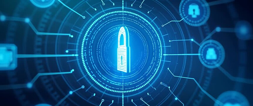 Futuristic digital lock icon rotates, surrounded by glowing data symbols in a cinematic, high-tech security interface; camera tracks smoothly, enhancing cybersecurity theme with dynamic visual element