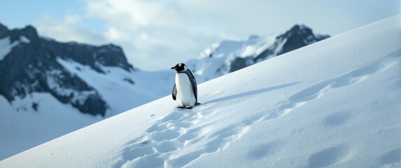 A lone gentoo penguin climbing a snowy slope in Antarctica