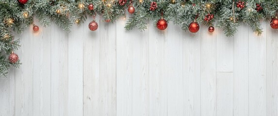 Christmas banner in white with tree branches, holiday decorations, falling snow, and blank area for messages