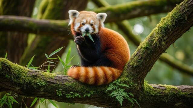 Cute Red Panda Eating Leaves on a Tree Branch