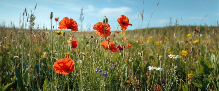 Field of Red Poppy flowers surrounded by wild flowers