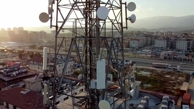 Telecommunication Tower and Mobile Network Infrastructure Over Urban and Residential Areas