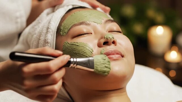 Relaxed female face with closed eyes getting natural green mud mask applied by aesthetician with brushes, professional beauty skin care procedure, organic treatment, rejuvenating spa experience.