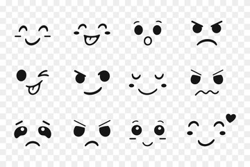 Cute hand drawn emoji faces set isolated on transparent background