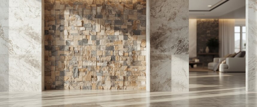 Elegant natural stone wall panels and cladding tiles, ideal for interior and exterior walls with stone mosaic accents