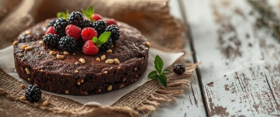 Detailed view of a chocolate nut brownie cake topped with berries and mint leaves on a white table with sackcloth