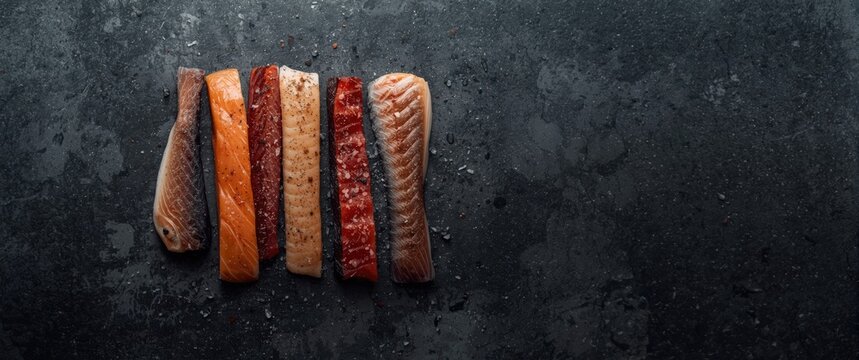 Dried fish jerky sticks with salt, spices, and herbs against a dark concrete background