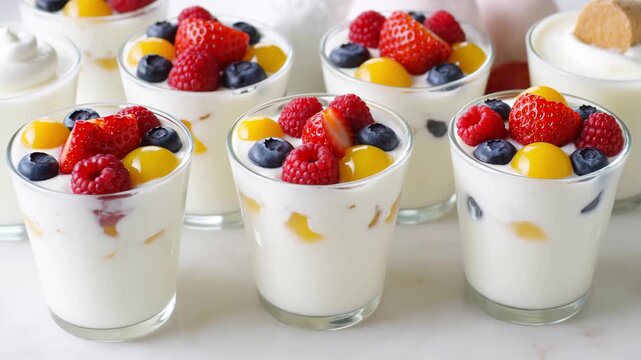 Row of small glasses filled with yogurt and fresh berries. Bright daylight, colorful fruit arrangement. Food background.