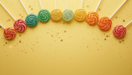 Fototapeta premium Rainbow-themed lollipop arrangement on bright yellow background with star accents, ideal for children's party decor