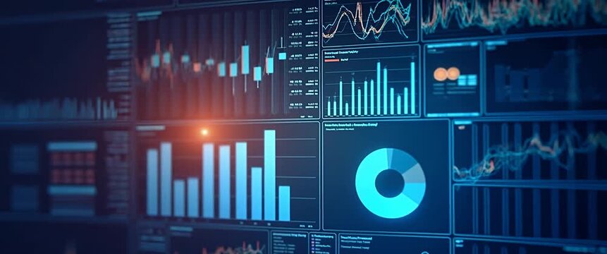 Futuristic data visualization screens animate dynamically as the camera slowly pans, showcasing fluctuating graphs and charts in a sleek, cinematic style, perfect for financial analysis and tech innov