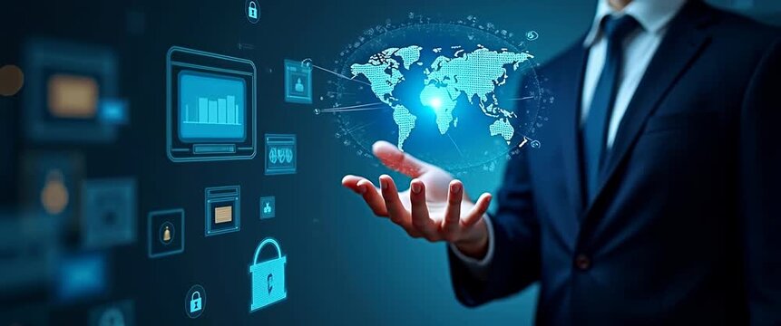Businessman holds glowing digital globe, icons subtly animate in digital space; camera gently pans across a high-tech, futuristic interface, cinematic and professional.