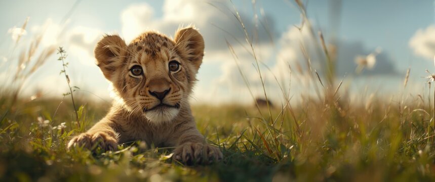 Cub lion lying on the grass