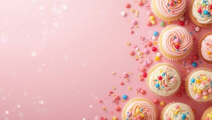 Assorted sweet cupcakes topped with candies on pink background for party display
