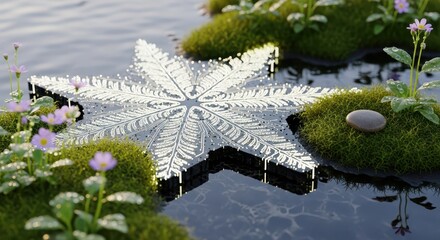 Intricate metallic star shape rests upon dark water surrounded by lush moss islands and delicate blossoms