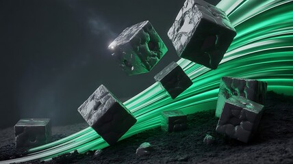 Dark metallic cubes float amidst green glowing lines and specks of debris on a dark textured surface