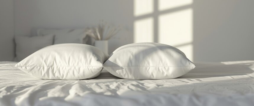 White bed linen with two comfortable pillows, empty setting showcasing free space and home comfort