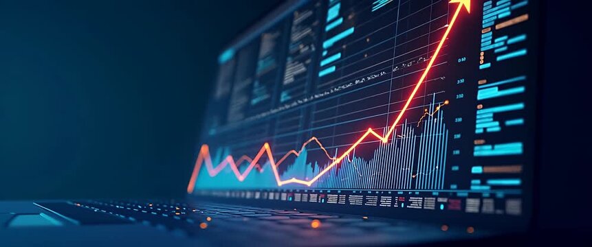 Dynamic financial graphs animate across a laptop screen in a cinematic style, with a slow pan capturing rising trends and glowing data points, symbolizing market growth and analytics.