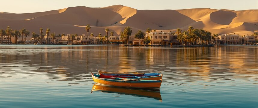 Colorful rowboats at Huacachina lagoon surrounded by palm trees and sand dunes, reflecting in the lake, an oasis in the Atacama desert, Ica, Peru, South America