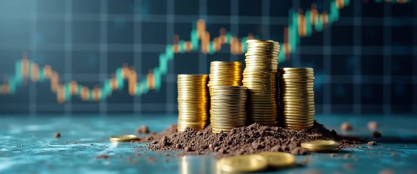 Coins gradually stack higher from soil as the camera slowly pans, with a dynamic stock market chart flickering in the background, creating a cinematic depiction of financial growth and investment oppo