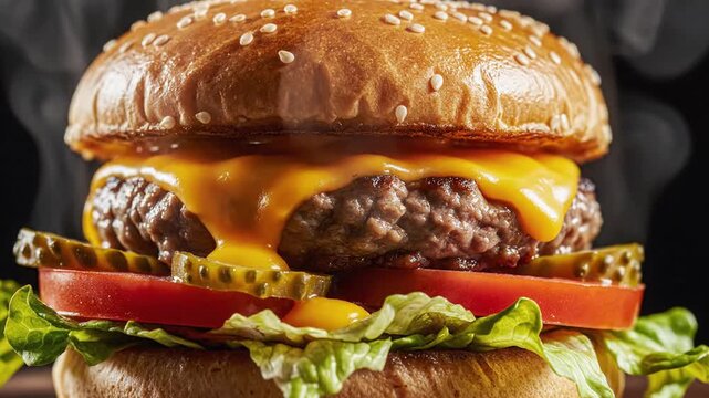 Macro photography of a delicious gourmet cheeseburger featuring toasted sesame seed bun, thick melted cheddar cheese, succulent beef patty, and crisp sliced pickle on a rustic background.