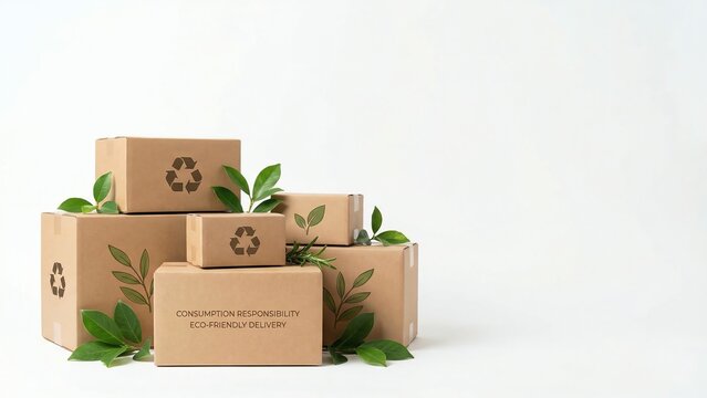Eco-friendly sustainable packaging concept with cardboard boxes and leaves 3