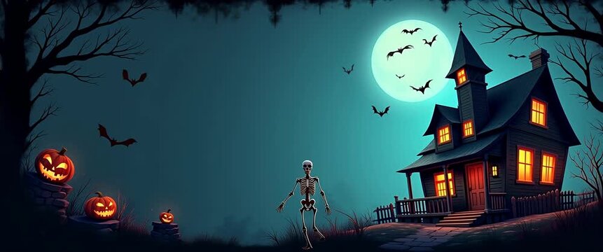 Spooky Halloween night scene with a skeleton walking near a haunted house as bats flutter under a full moon; camera pans slowly, capturing a cinematic, eerie atmosphere perfect for seasonal storytelli