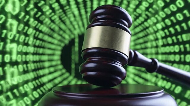 Close-up of a wooden judicial gavel resting on a desk with a glowing blue digital binary code background symbolizing legal technology, cyber crime law, and digital justice system.