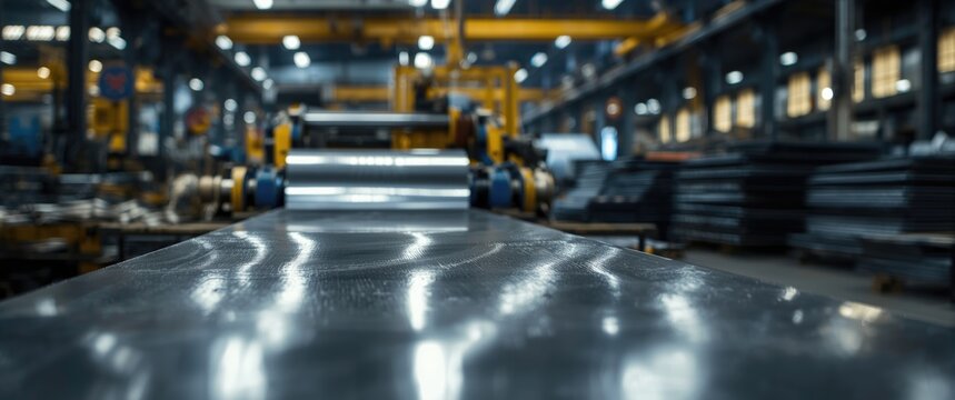 Steel sheet roll of galvanized material feeds steel sheets to the cutting machine for metal pipe and tube production in the factory - Powered by Adobe