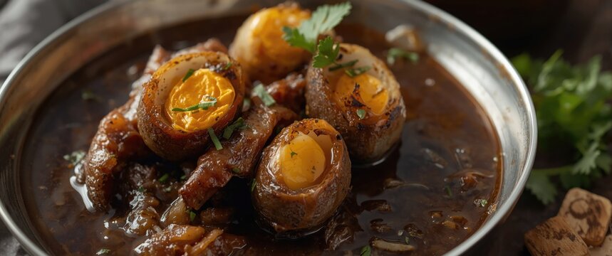 Bacem sate telur puyuh: Indonesian street food delicacy with stew quail eggs cooked in soy sauce, onion, garlic, and coriander at angkringan