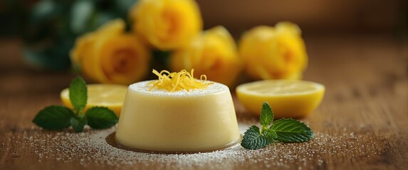 Delicious egg pudding against a backdrop of gentle yellow roses, emphasizing food, nature, health, and lemon as a natural fruit choice