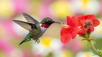 Obraz premium Tiny Hummingbird Sips Nectar From Red Flower