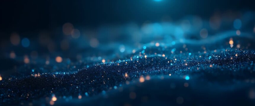 Glittering particles gently undulate across a dark background, with a slow cinematic pan revealing an abstract, mesmerizing landscape enhanced by soft, ambient light flickers.