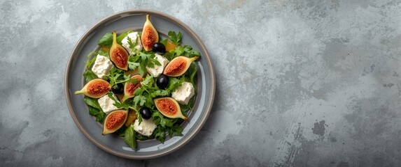 Mixed summer salad with fresh figs, white cheese, arugula, and black olives on gray ceramic plate, top view, close-up, copy space
