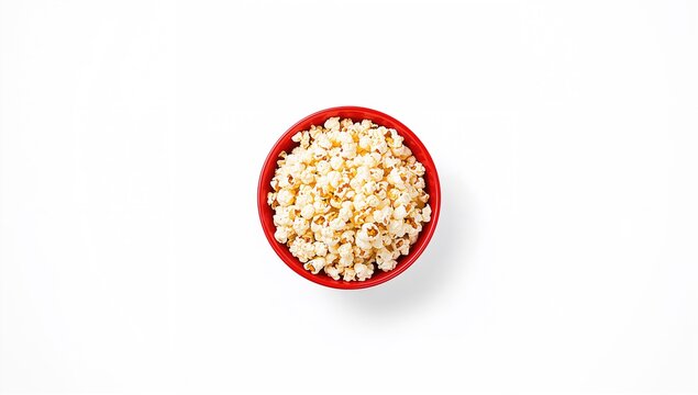 Top-down view of popcorn served in a red bowl, highlighting snack texture and color for menu design